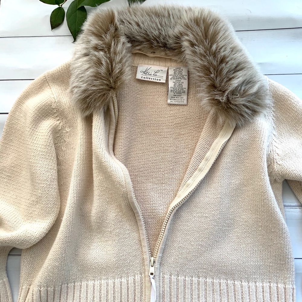Kathie Lee Collection zipper sweater fur collar S